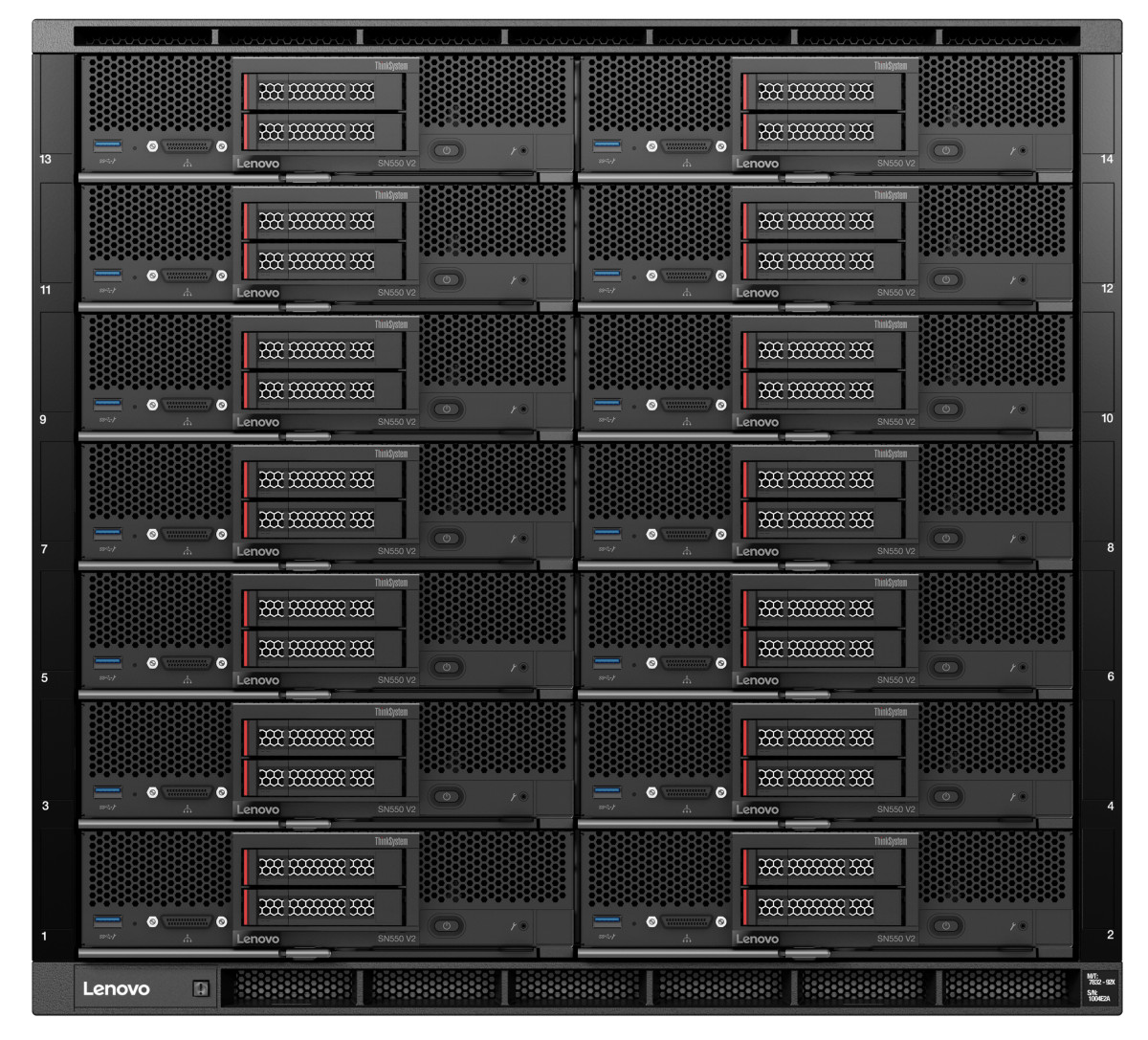 The Flex System Enterprise Chassis houses up to 14 SN550 V2 compute nodes, delivering high density.