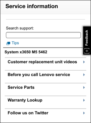 Screenshot of the support information web page as seen by a smartphone