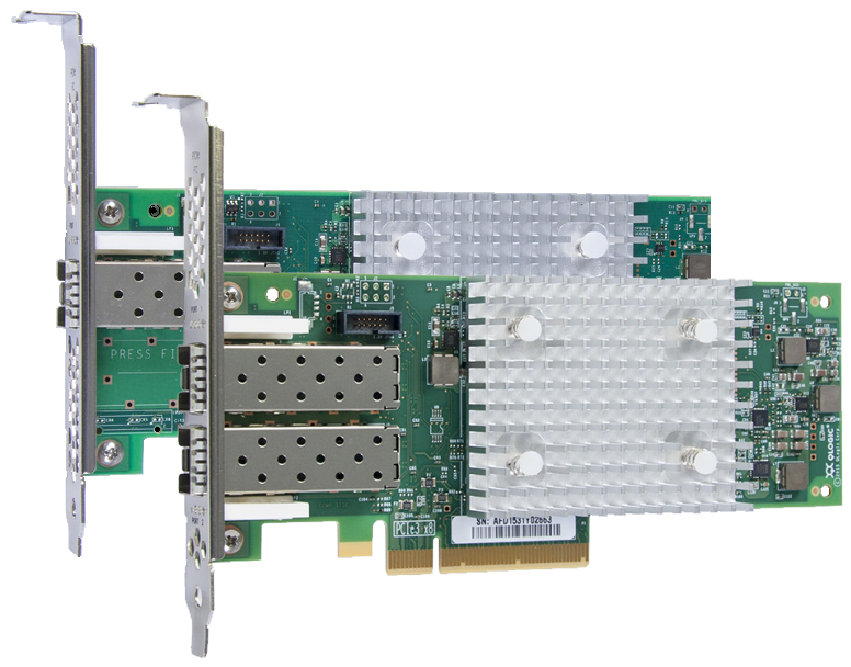 QLogic Enhanced Gen 5 16 Gb FC Single-port (right) and Dual-port (left) HBAs (without SFP+ modules)