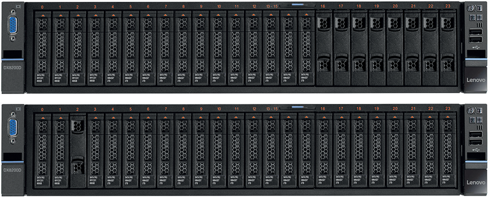 Lenovo Storage DX8200D models: Storage Virtualization (top) and ServerSAN (bottom)