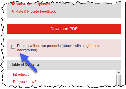 Display Withdrawn Products checkbox