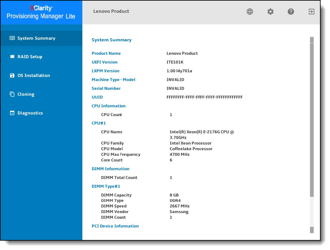 Lenovo XClarity Provisioning Manager Lite user interface