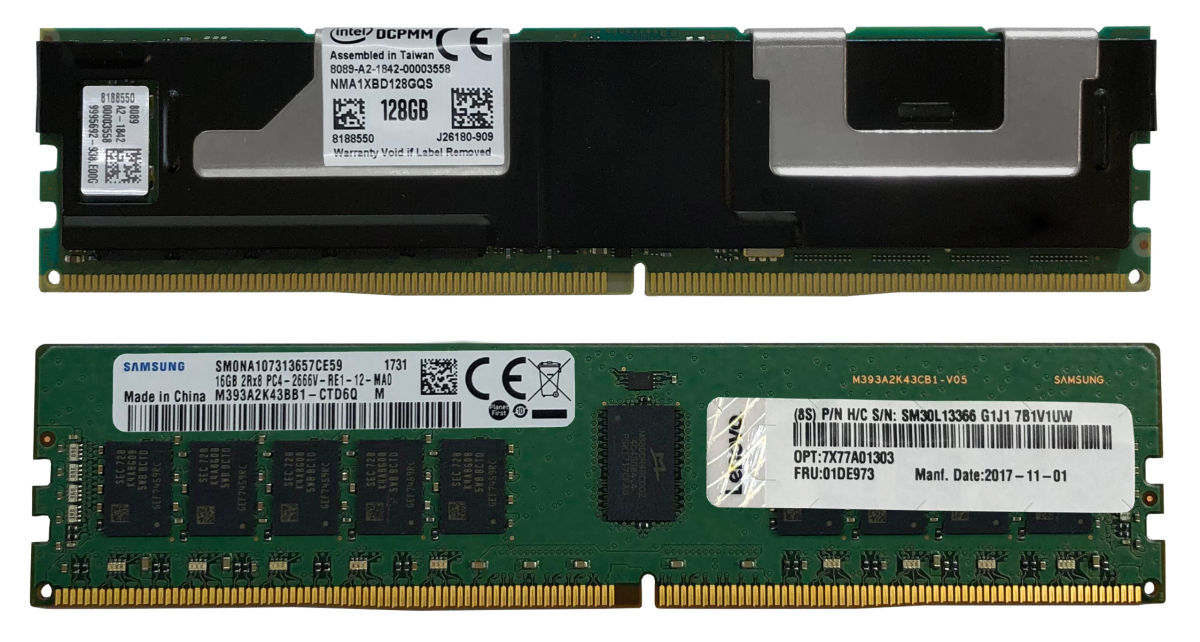 Intel Optane DC Persistent Memory Module (top) and Lenovo TruDDR4 DIMM (bottom)