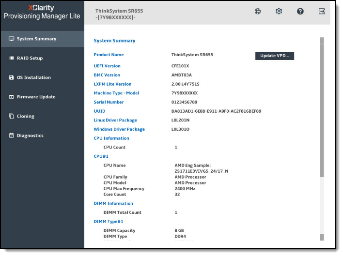 Lenovo XClarity Provisioning Manager Lite v2 user interface