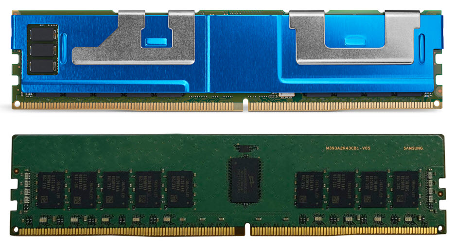 Intel Optane Persistent Memory 200 Series module (top) and standard memory DIMM (bottom)