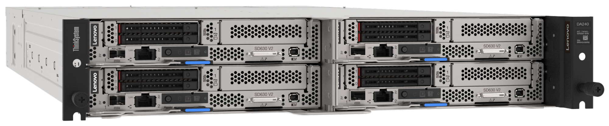 Four ThinkSystem SD630 V2 servers installed in a DA240 Enclosure