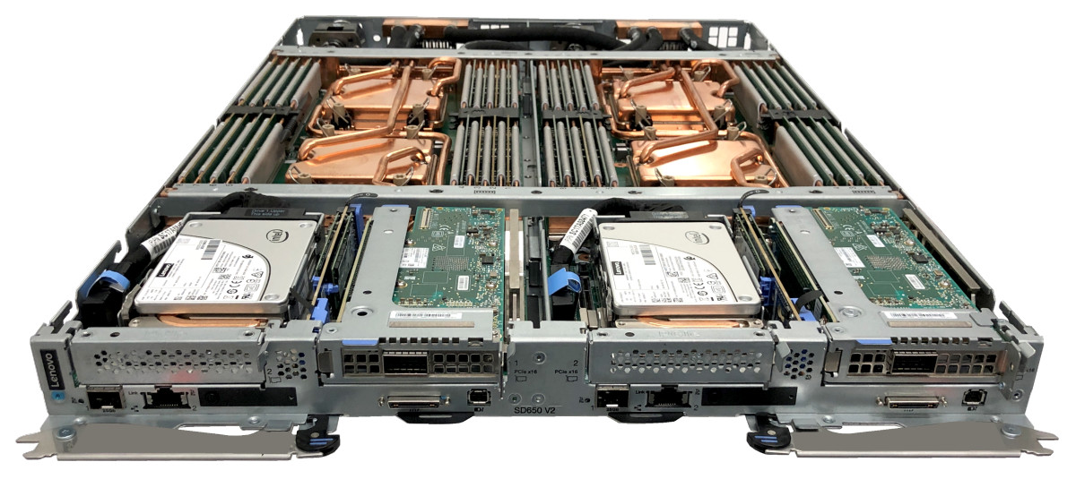 The Lenovo ThinkSystem SD650 V2 server tray with two distinct two-socket servers