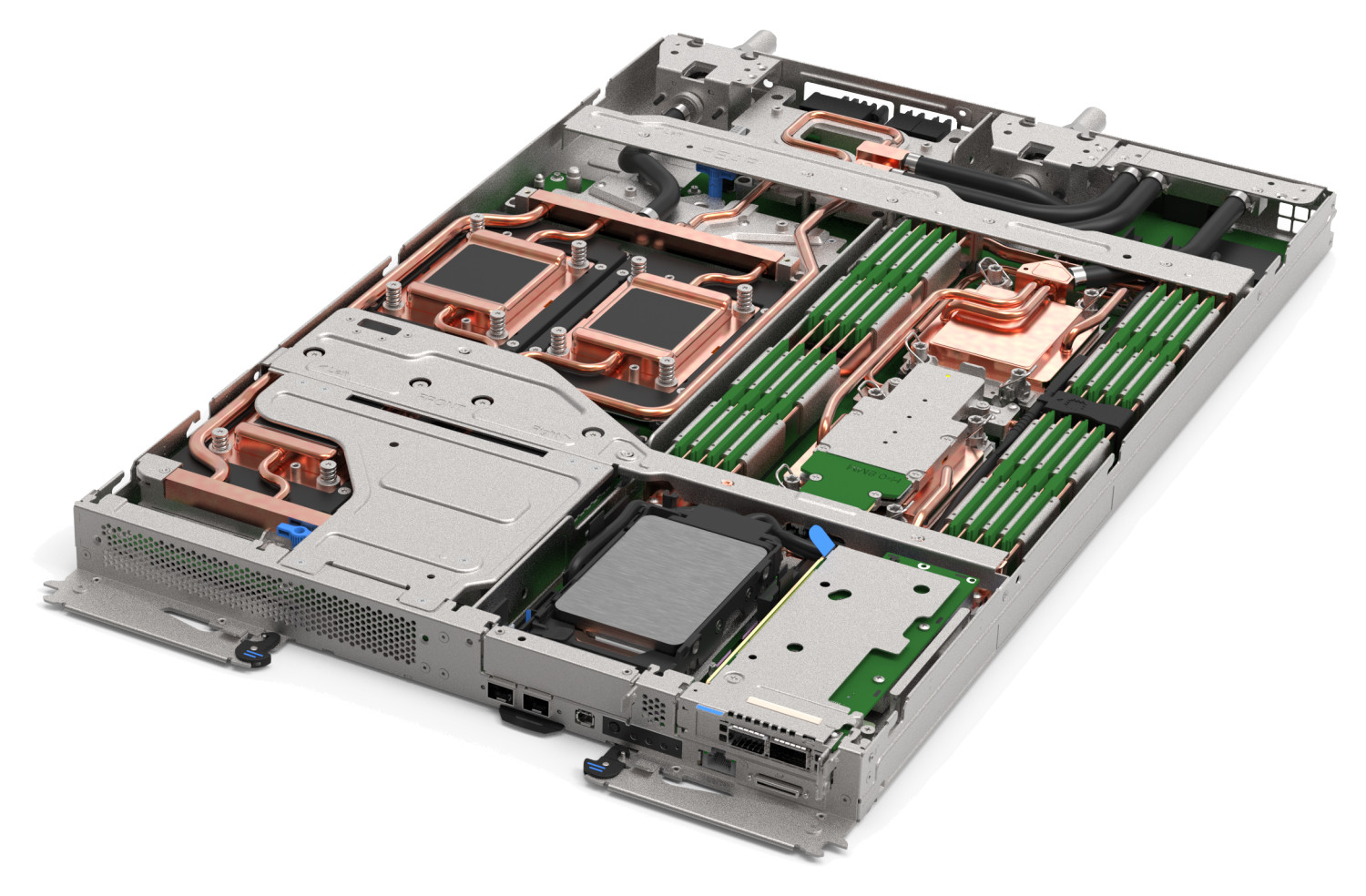 The Lenovo ThinkSystem SD650-I V3 server tray with two processors and four GPUs
