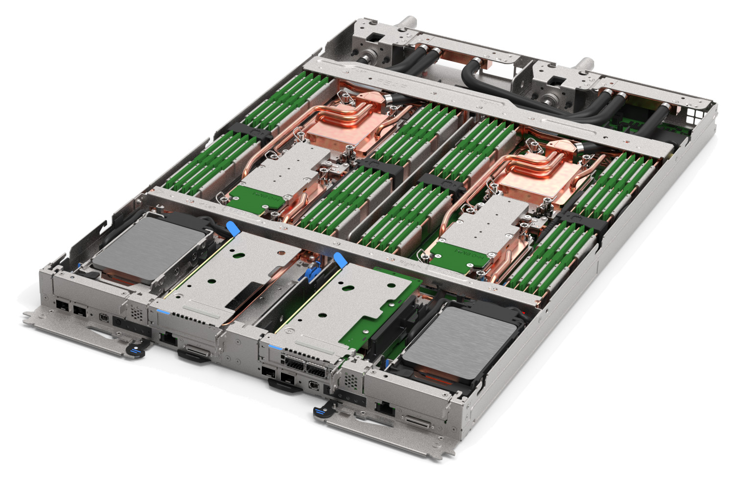The Lenovo ThinkSystem SD650 V3 server tray with two distinct two-socket nodes