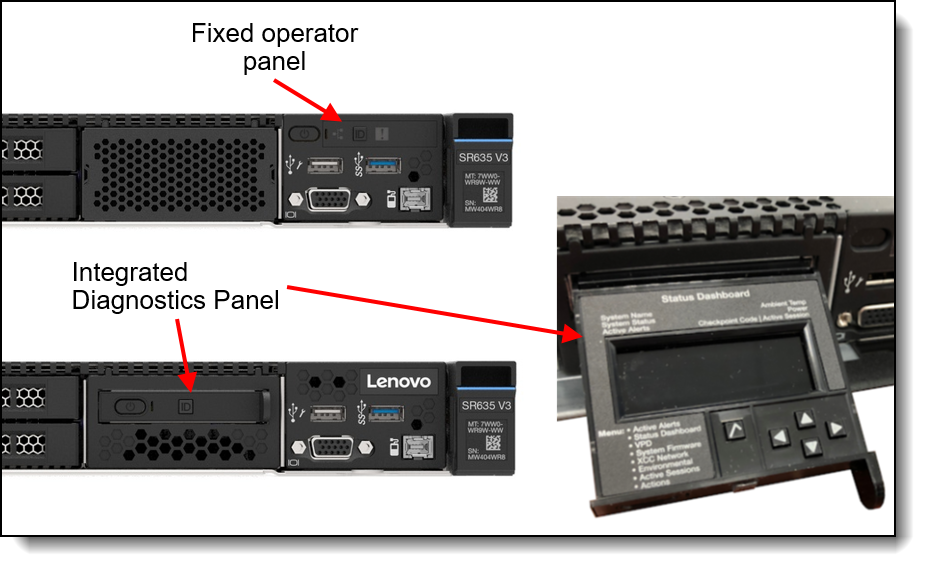Operator panel choices for the EDSFF and 8x 2.5-inch drive bay configurations