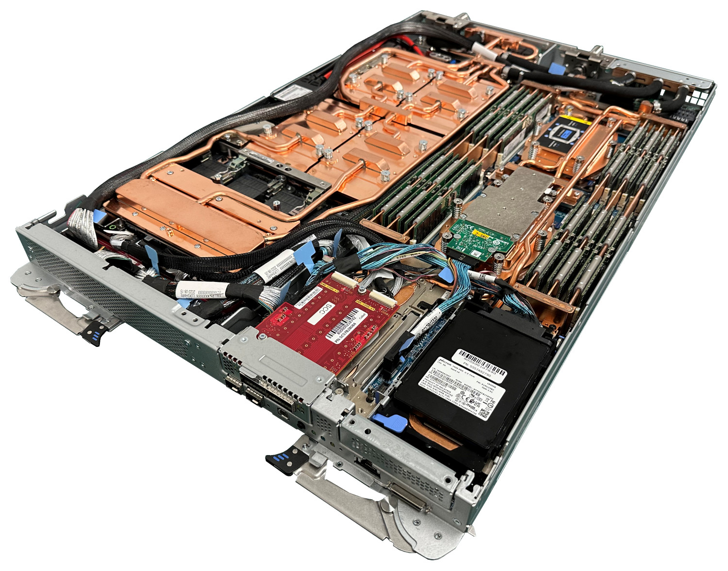The ThinkSystem SD665-N V3 server tray with two processors and four NVIDIA GPUs