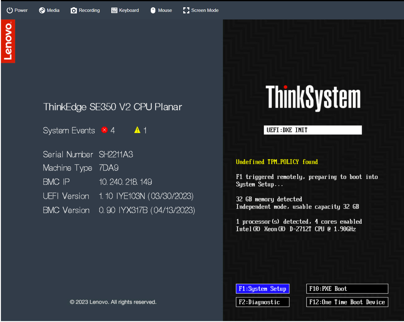 Activated ThinkEdge Server UEFI POST Screen