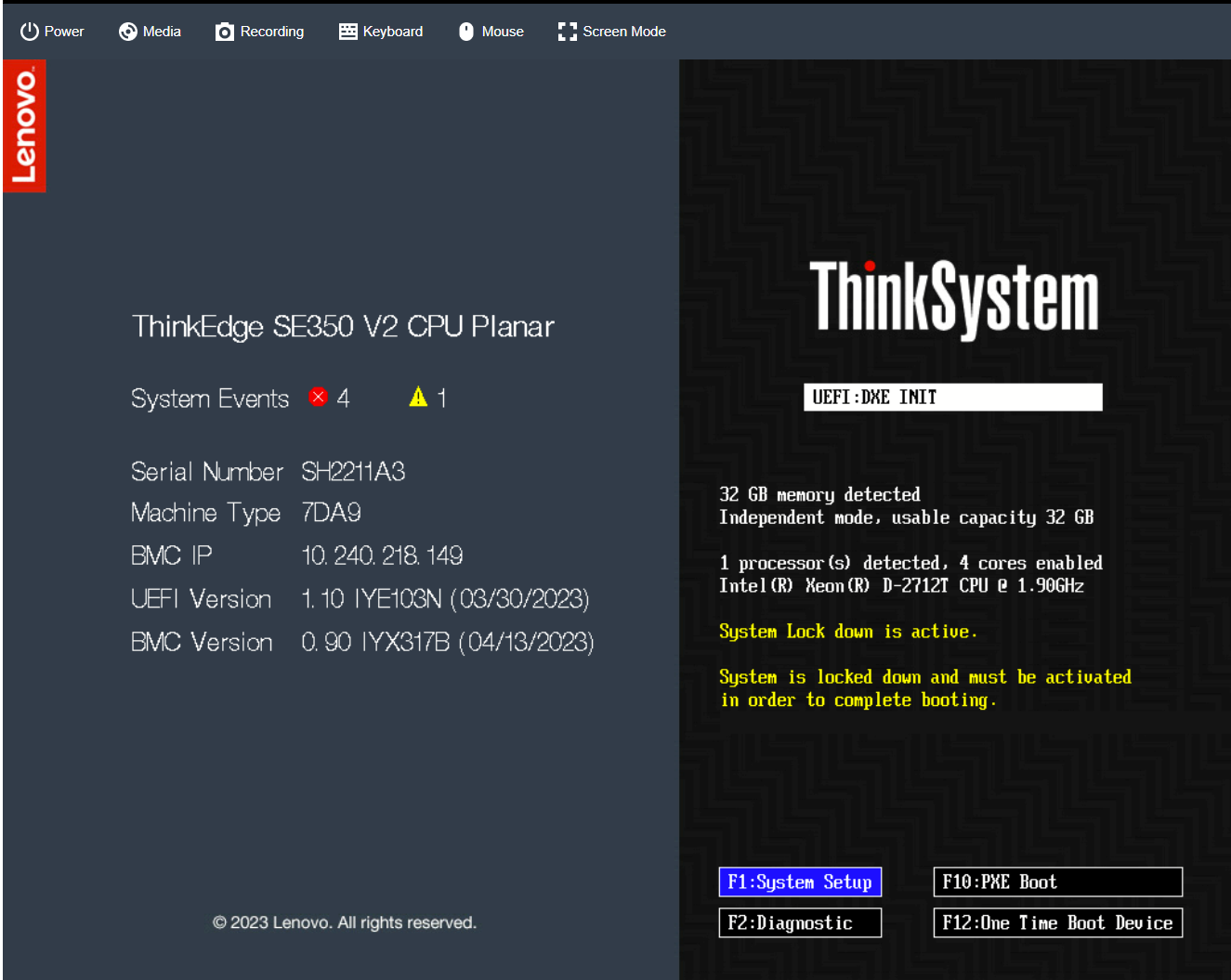 ThinkEdge Server UEFI POST Screen Waiting Activation