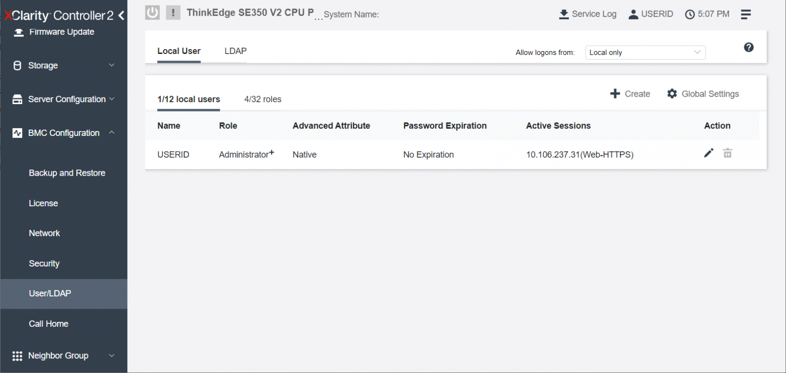 Default Administrator+ privilege user ID registered in ThinkEdge Servers