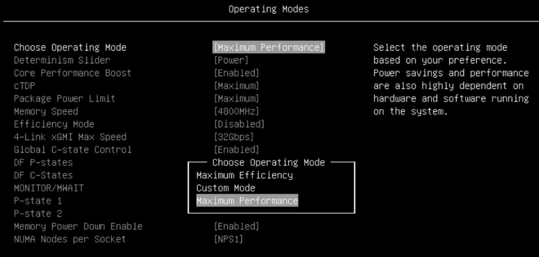 UEFI setup menu for Operating Modes