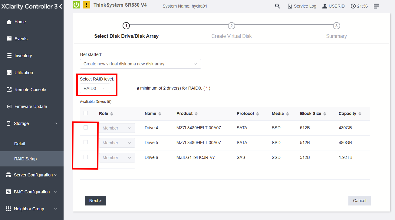 Select the desired RAID level and choose the disks to be used by the RAID array