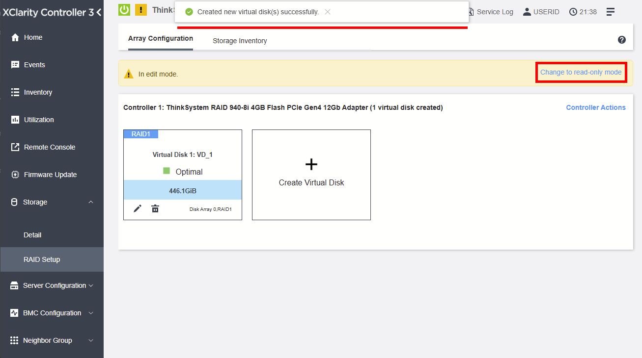 After the successful RAID creation, a message will be shown. Click "Change to read-only mode" to exit the editing mode