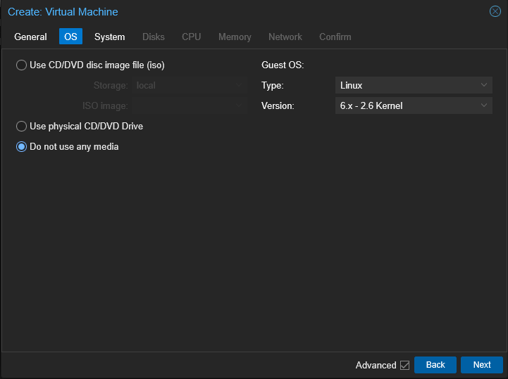 No need to choose external media to install the VM