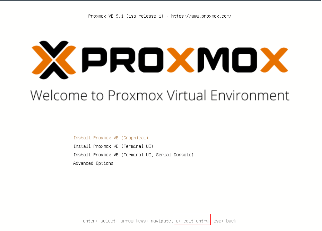Initial PVE screen, select "e" to edit the entry