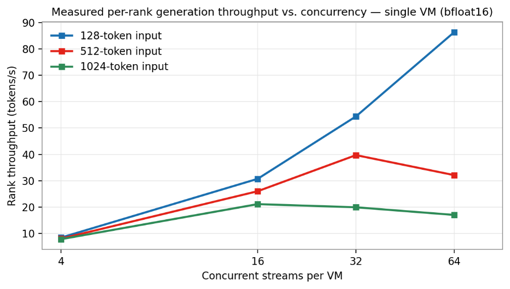 Measured per-rank generation throughput versus concurrency on a single VM