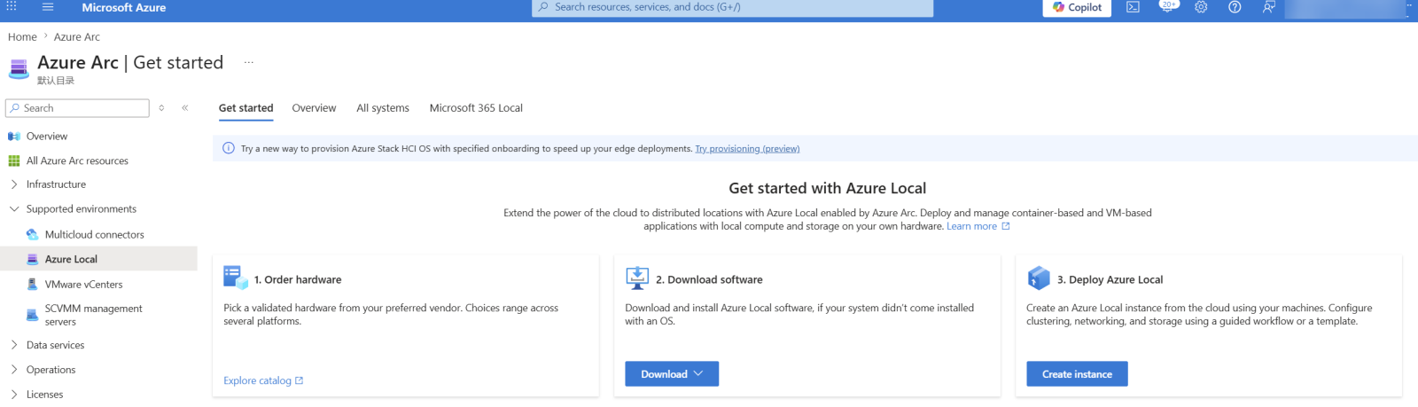 The Azure Arc | Get started page for Azure Local, showing the Order hardware, Download software, and Deploy Azure Local options