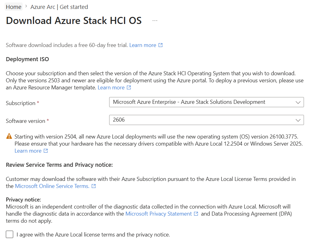 The Download Azure Stack HCI OS page, with the subscription and software version selected