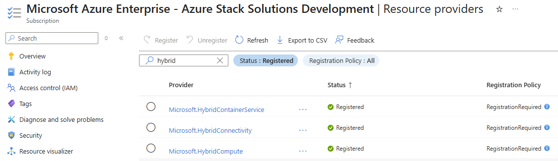 Three of the required resource providers registered for the subscription