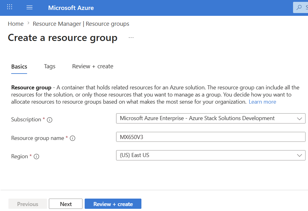 The Basics tab of Create a resource group, with resource group MX650V3 in the East US region