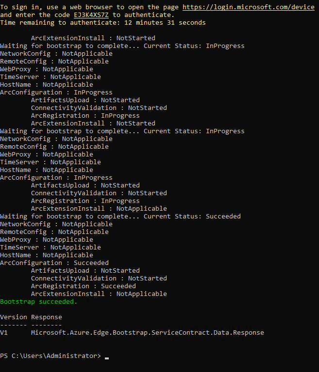 Output of Invoke-AzStackHciArcInitialization, showing that the Arc bootstrap succeeded