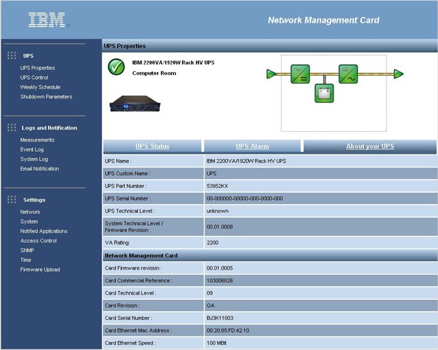 IBM LCD UPS Network Management Card (NMC) UPS properties screen