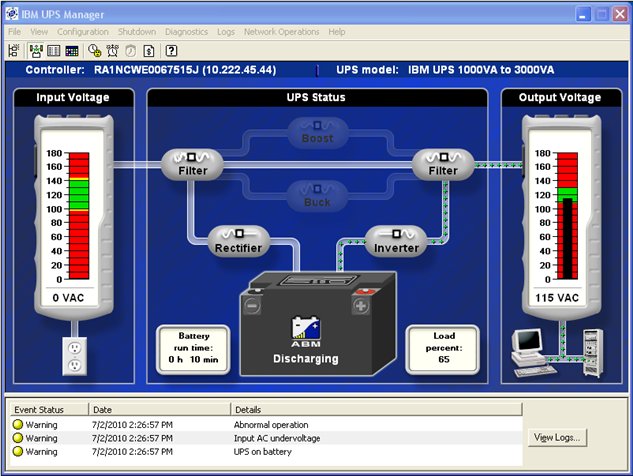 IBM UPS Manager warning status window