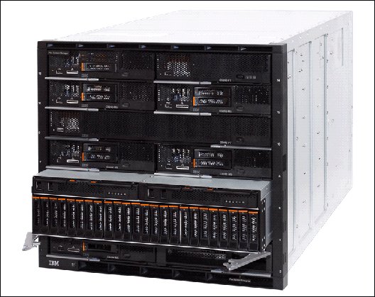 Front view of IBM Enterprise Flex System Chassis with IBM Flex System V7000 Storage Node
