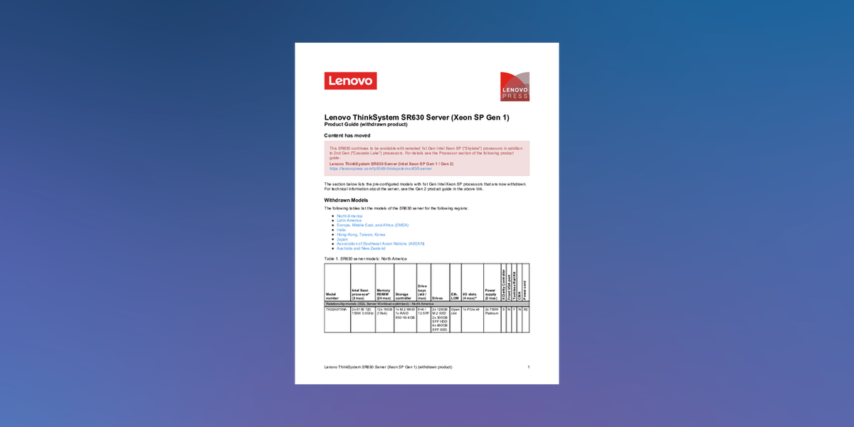 Lenovo ThinkSystem SR630 Server (Xeon SP Gen 1) Product